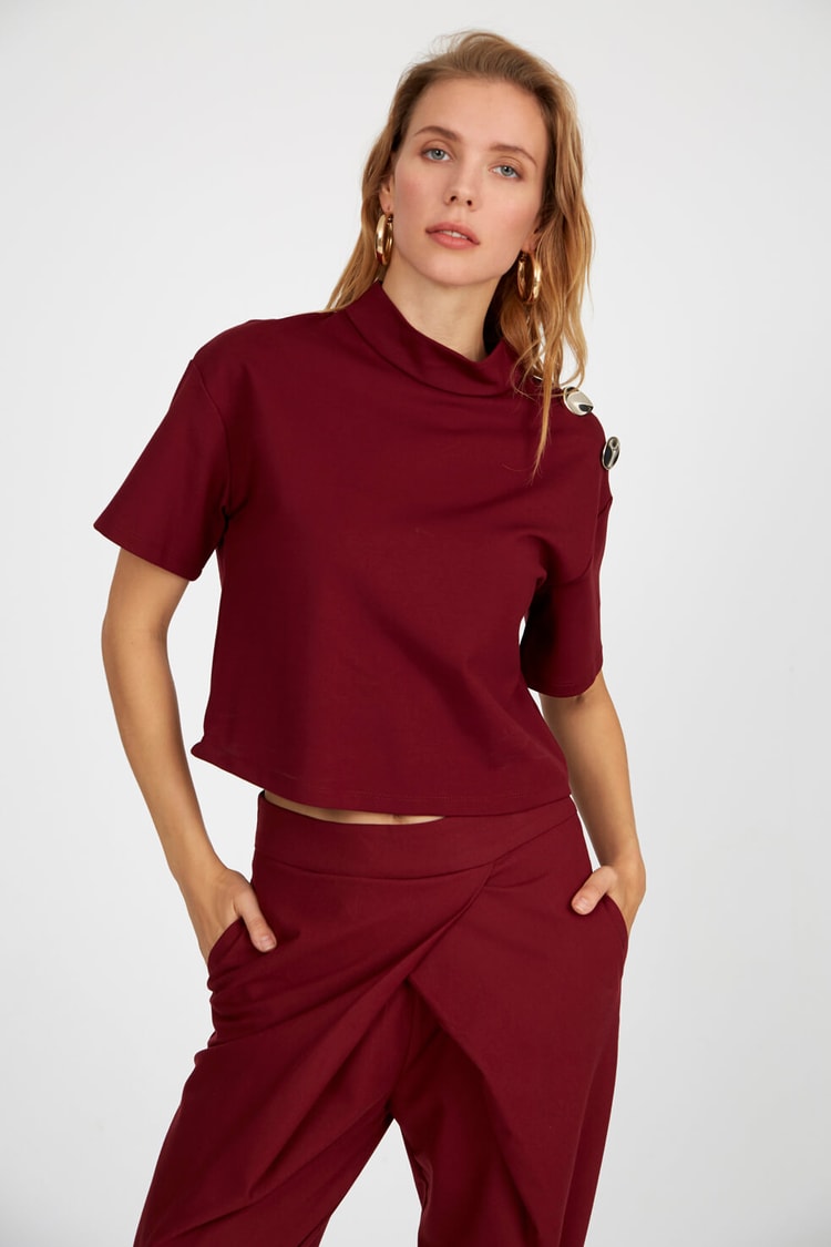 Bordo Balıkçı Yaka Kısa Kol BluzST040W301881