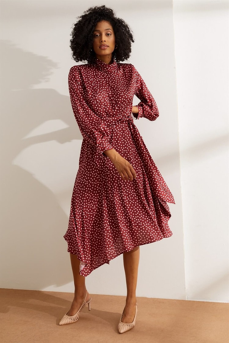 Bordo Dik Yaka Desenli Midi Boy ElbiseST060W4087001