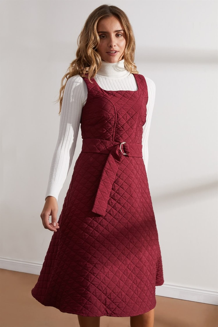 Bordo Kare Yaka Kemerli ElbiseST050W4084201