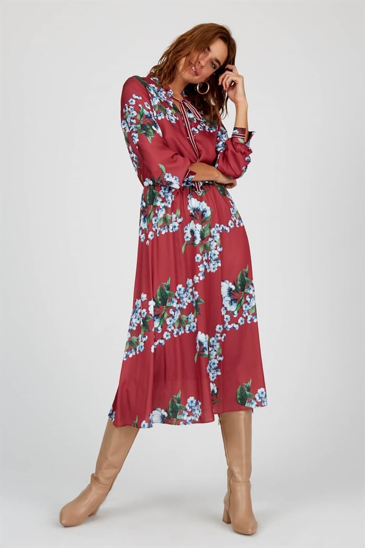 Bordo Uzun Kol Midi ElbiseST050W402811