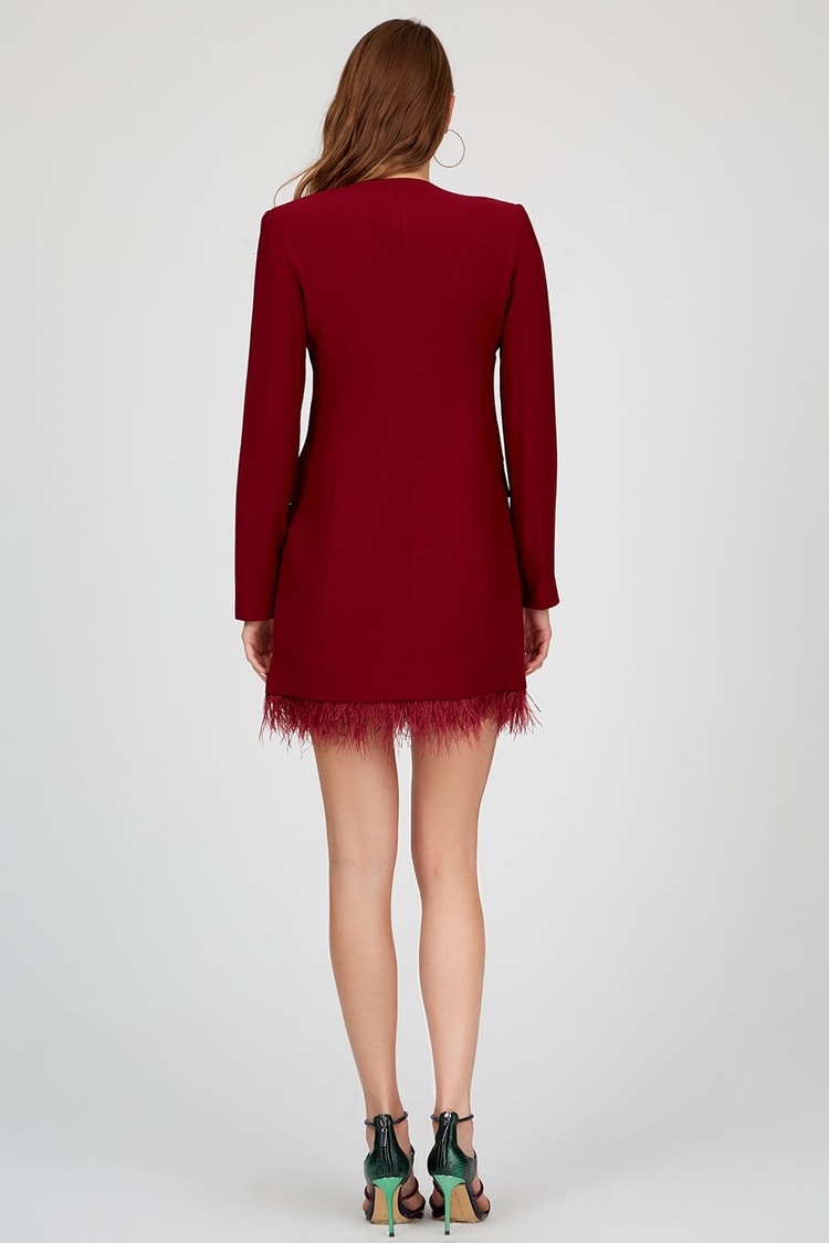 Bordo Uzun Kol Mini Abiye Elbise
