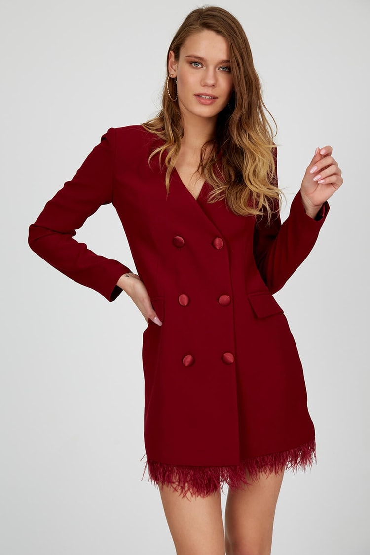 Bordo Uzun Kol Mini Abiye Elbise