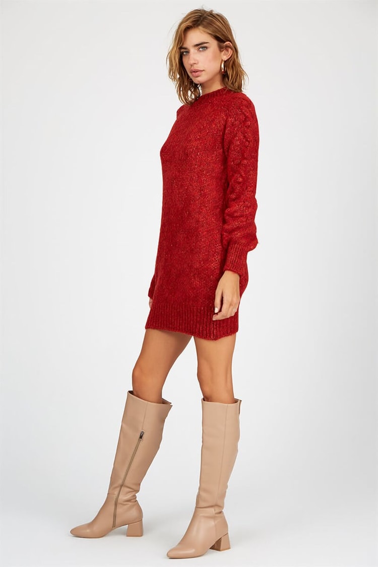 Bordo Uzun Kol Triko ElbiseST040W800552