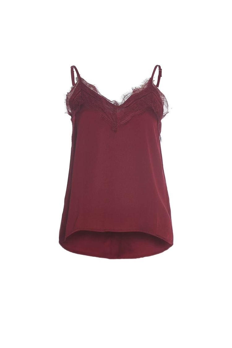 Bordo V Yaka Yakası Dantel Kolsuz BluzST040S302431