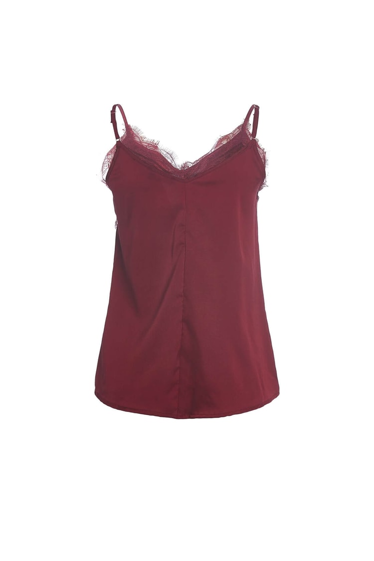 Bordo V Yaka Yakası Dantel Kolsuz BluzST040S302431