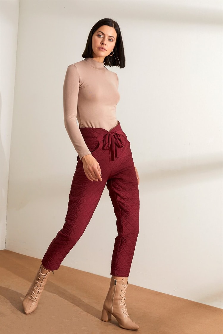 Bordo Yüksek Bel Cepli Kuşaklı PantolonST050W2031201