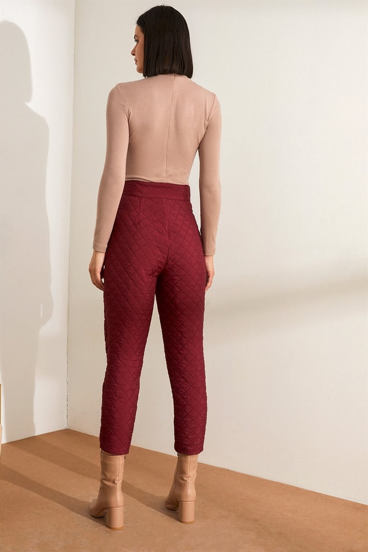 Bordo Yüksek Bel Cepli Kuşaklı PantolonST050W2031201
