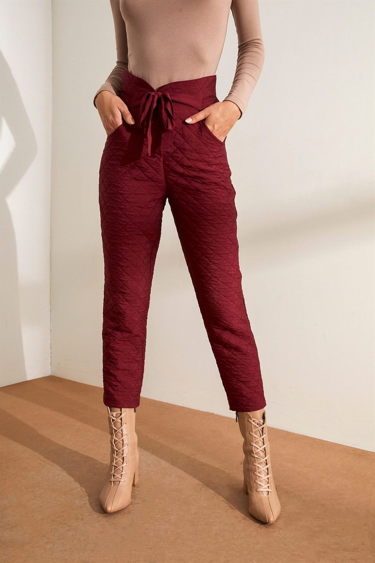 Bordo Yüksek Bel Cepli Kuşaklı PantolonST050W2031201