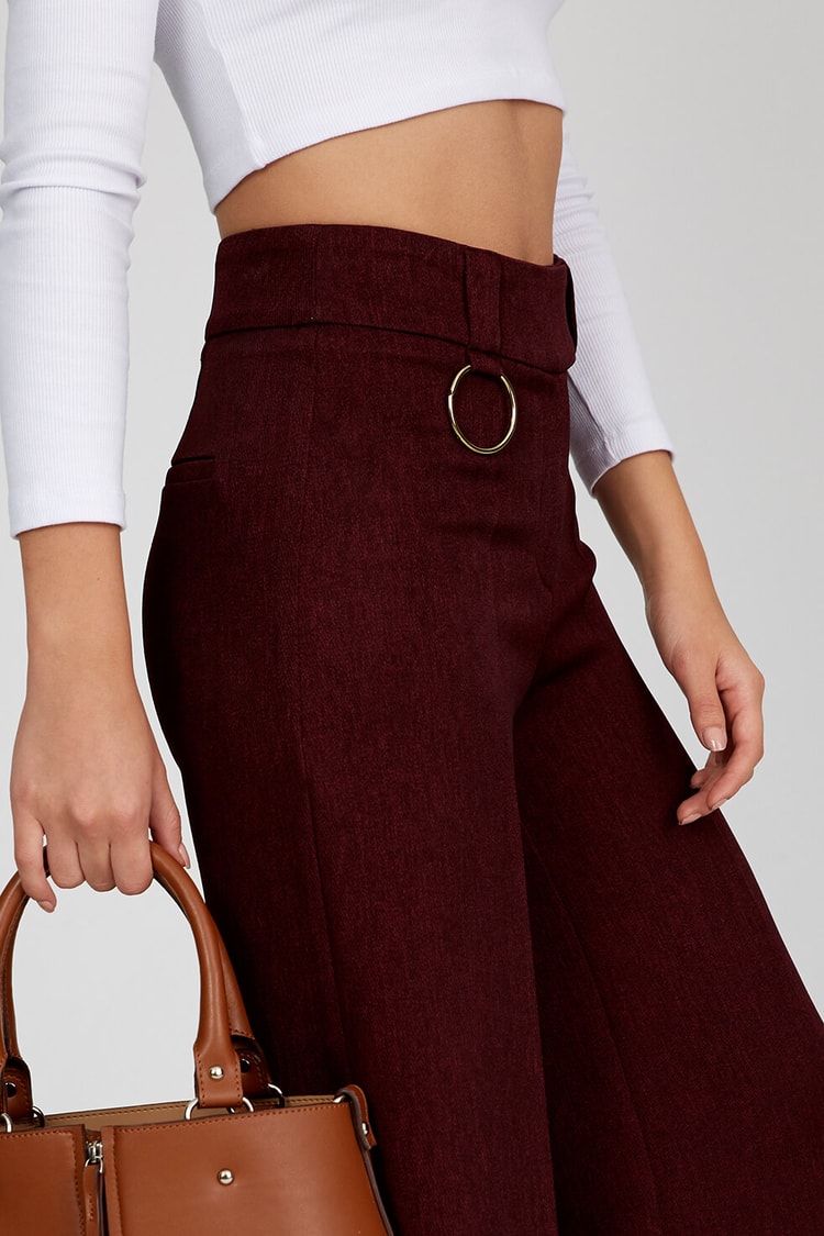 Bordo Yüksek Bel Geniş Paça Pantolon