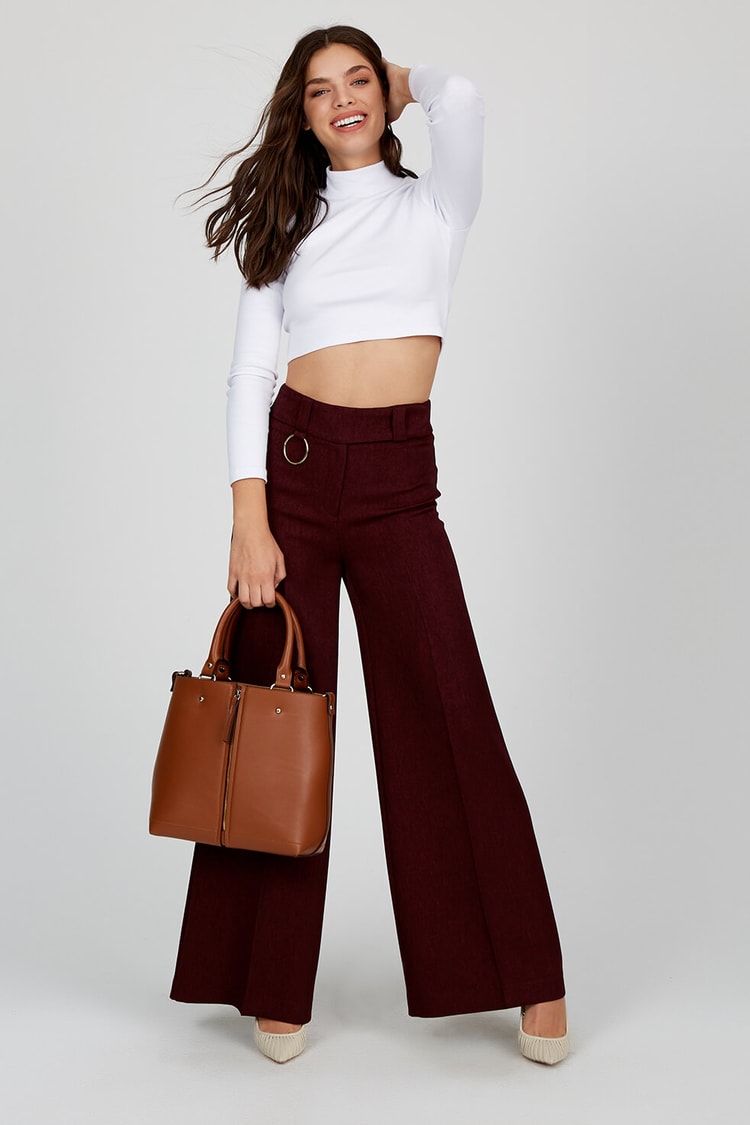 Bordo Yüksek Bel Geniş Paça Pantolon