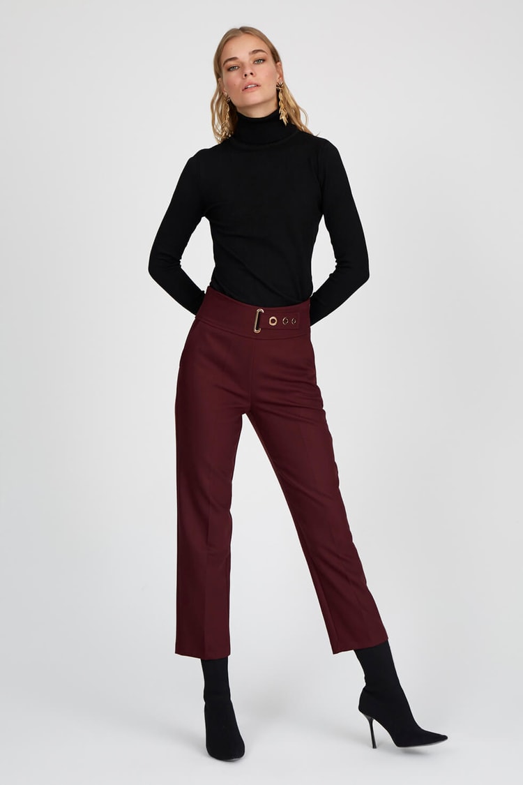Bordo Yüksek Bel Geniş Paça PantolonST050W2026601