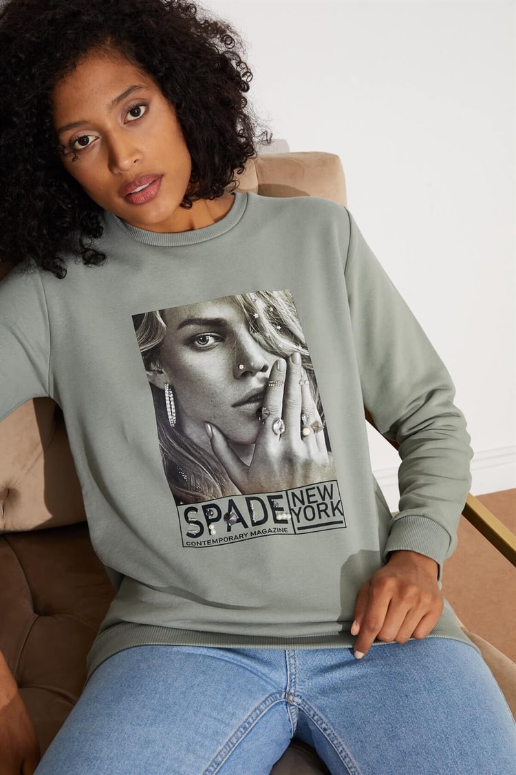 Çağla Baskılı Ve Taşlı SweatshirtST060W7207702