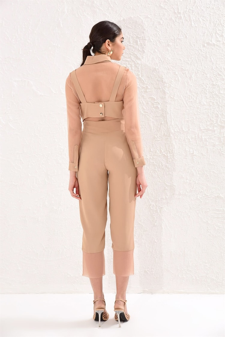 Camel Bel Paçası Transparan Düz Kesim Bilek Boy Parlak PantolonST050S2021801