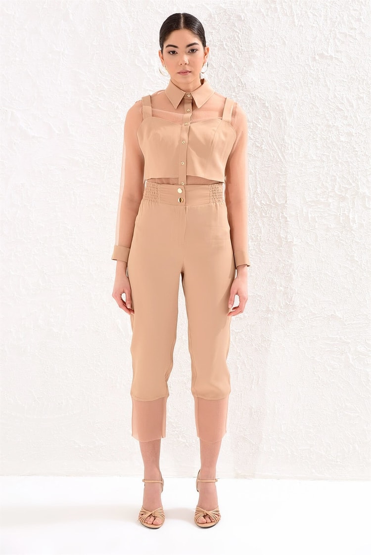 Camel Bel Paçası Transparan Düz Kesim Bilek Boy Parlak PantolonST050S2021801