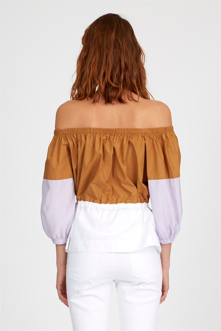 Camel-Lila Düşük Omuz Balon Kol Color Block Beli Büzgülü Pamuk BluzST050S3030101
