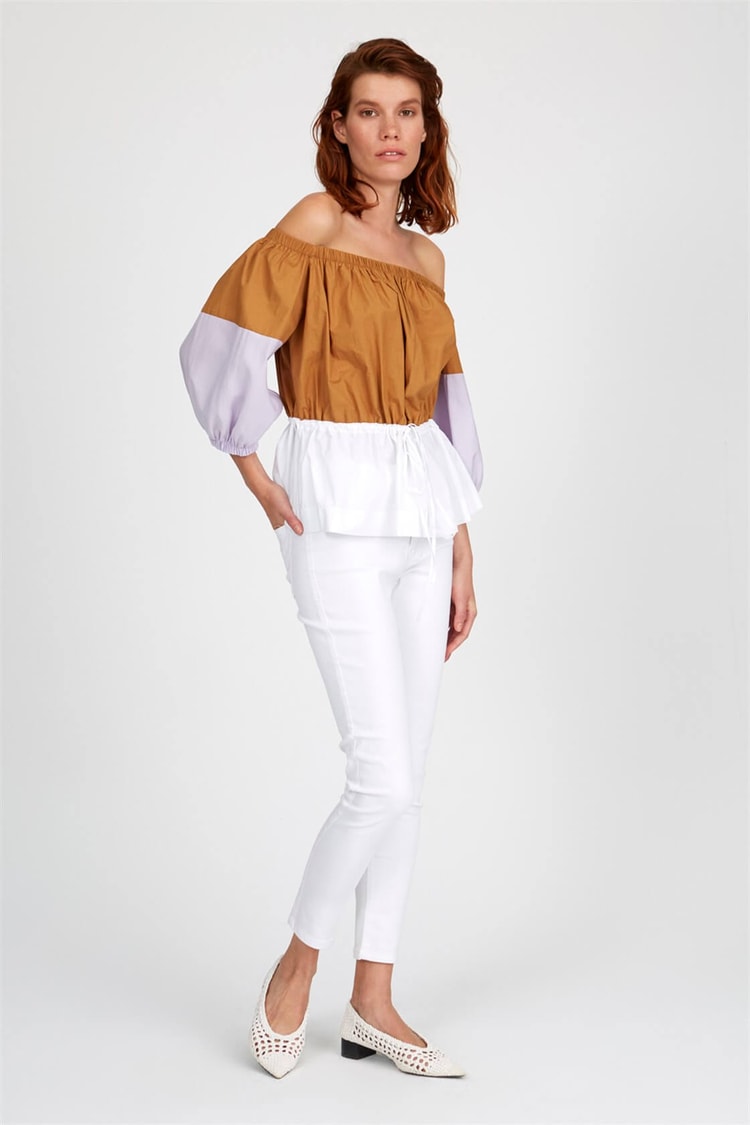 Camel-Lila Düşük Omuz Balon Kol Color Block Beli Büzgülü Pamuk BluzST050S3030101