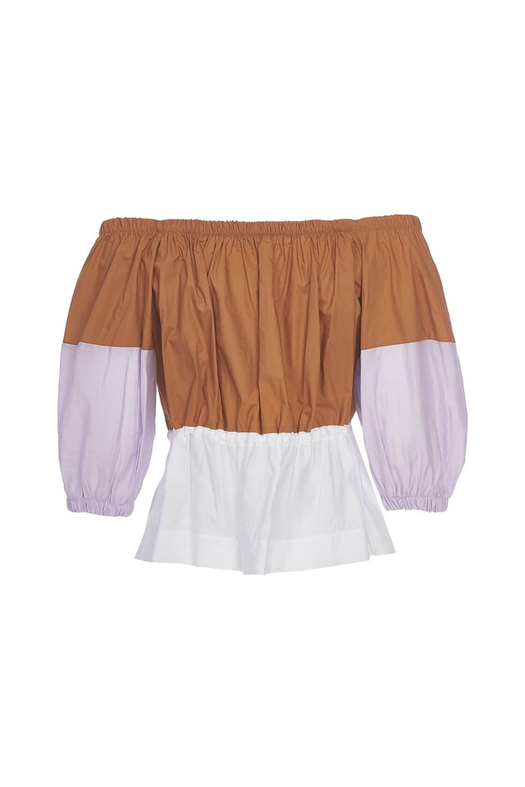 Camel-Mint Omuz Balon Kol Color Block Beli Büzgülü Pamuk BluzST050S3030101