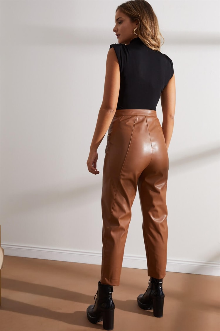 Camel Yüksek Bel Fermuarlı Deri PantolonST060W2031101