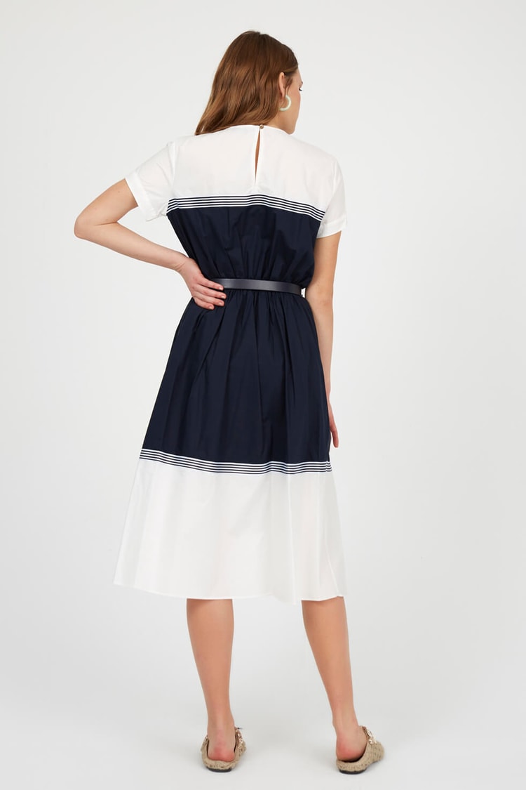 Ekru - Lacivert Kısa Kol Midi ElbiseST040S404291