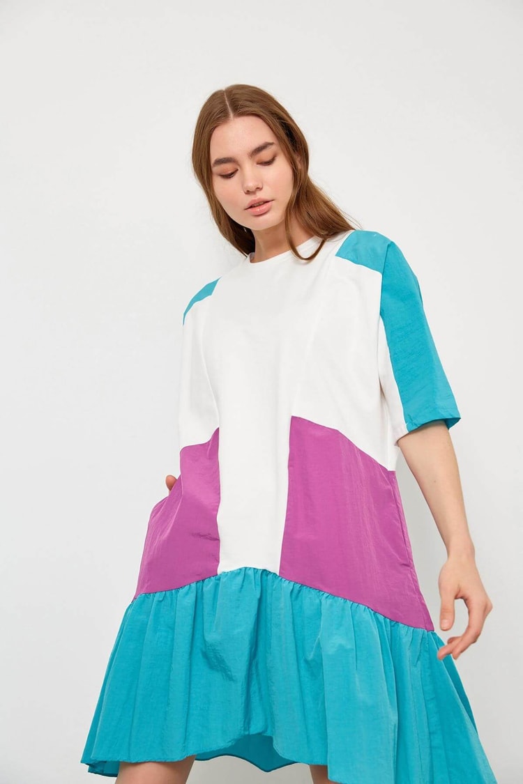 Ekru-Atlantis Bisiklet Yaka Color Block ElbiseST060S40100402