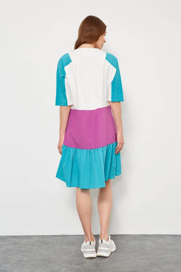 Ekru-Atlantis Bisiklet Yaka Color Block ElbiseST060S40100402