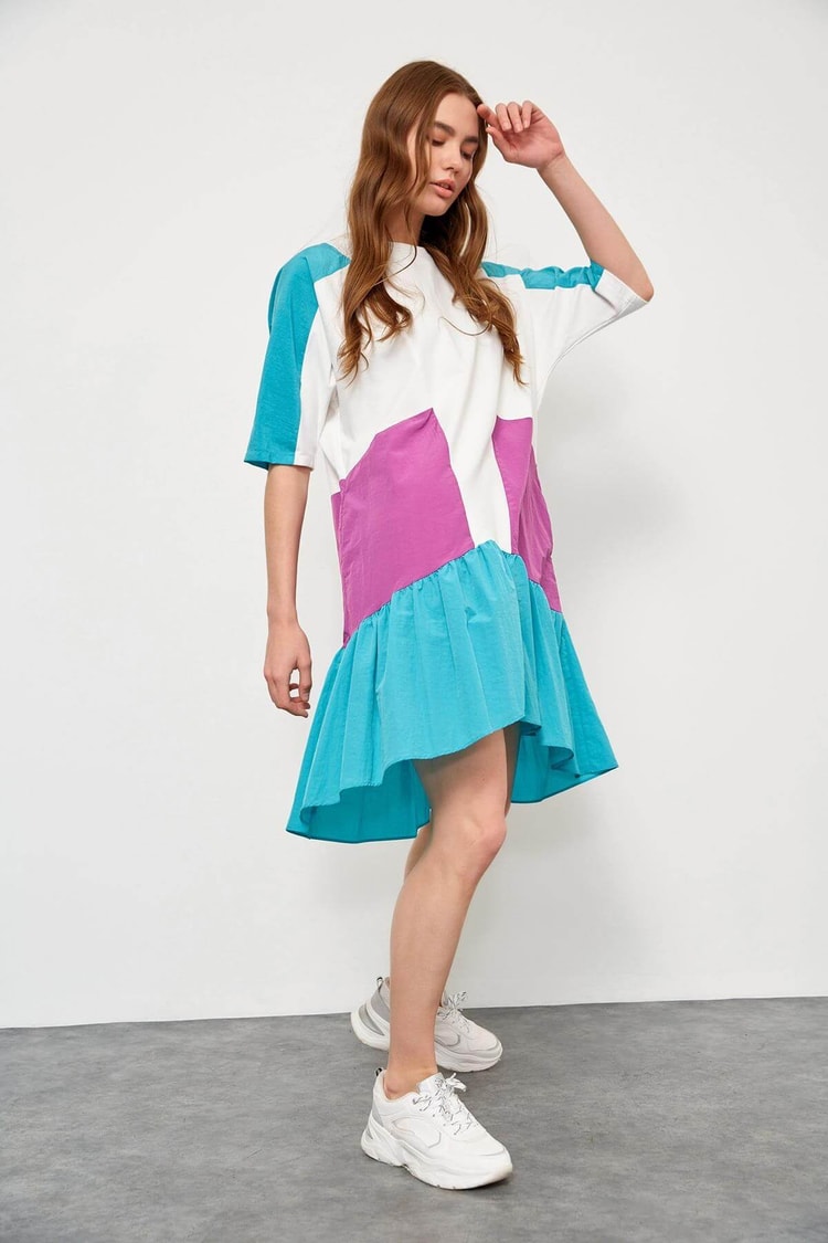 Ekru-Atlantis Bisiklet Yaka Color Block ElbiseST060S40100402