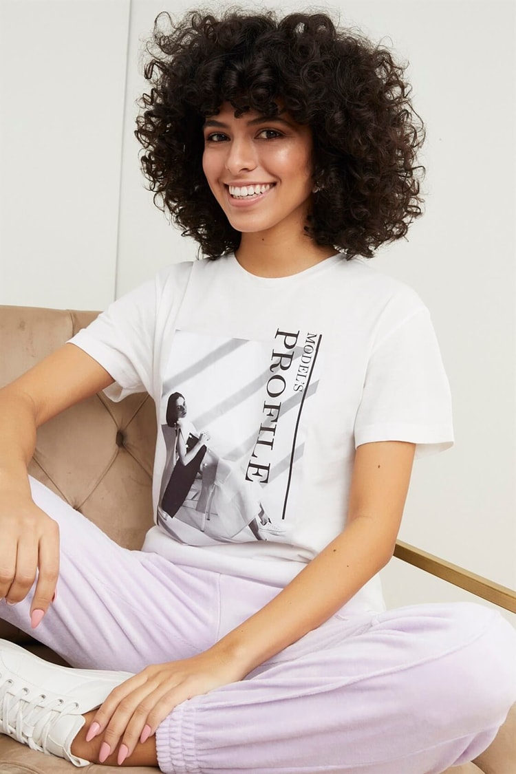 Ekru Ayıcık Baskılı Pamuk T-ShirtST050S7114801