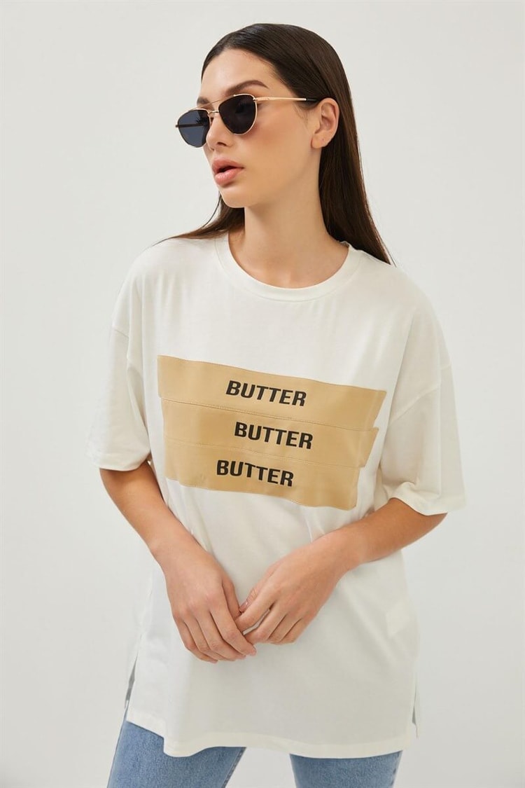 Ekru Baskılı Bisiklet Yaka T-ShirtST060S71256001