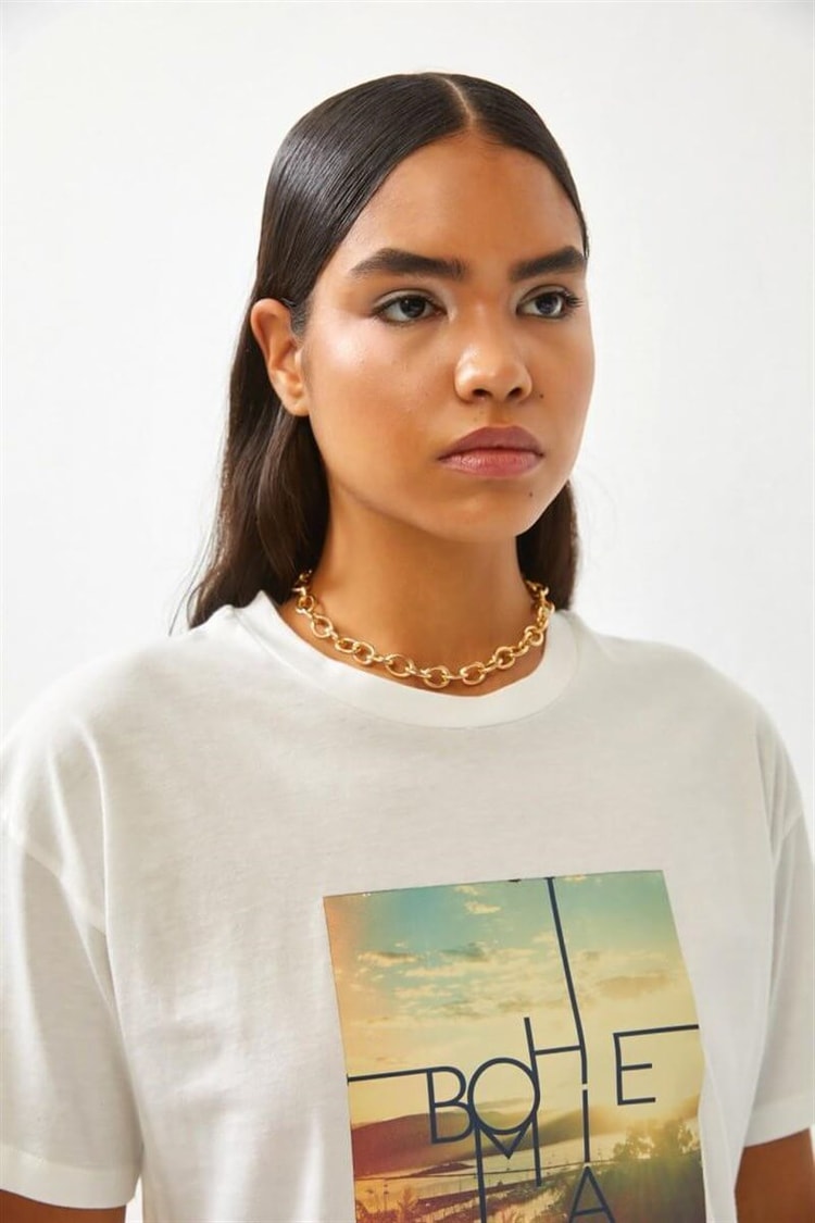 Ekru Baskılı Bisiklet Yaka T-ShirtST060S71271001