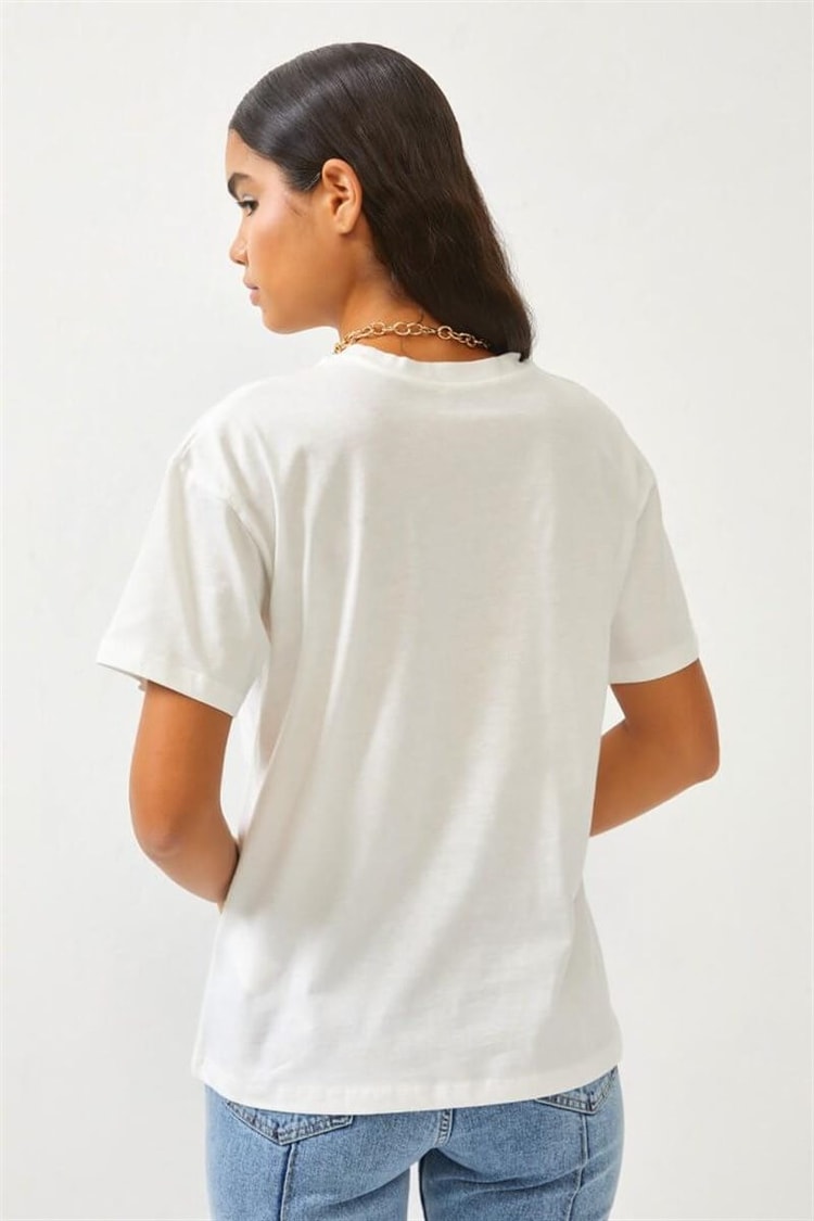 Ekru Baskılı Bisiklet Yaka T-ShirtST060S71271001