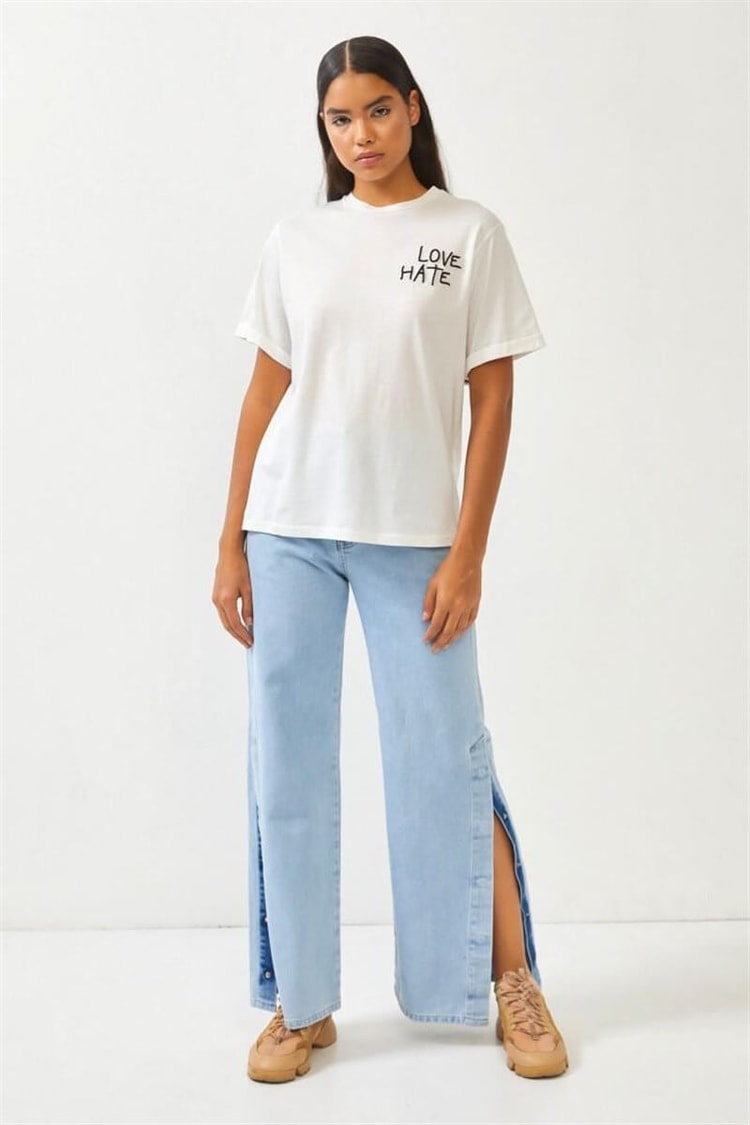 Ekru Baskılı Bisiklet Yaka T-ShirtST060S71276002