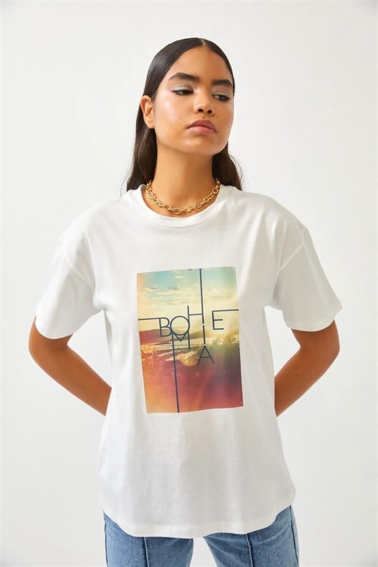 Ekru Baskılı Bisiklet Yaka T-ShirtST060S71271001