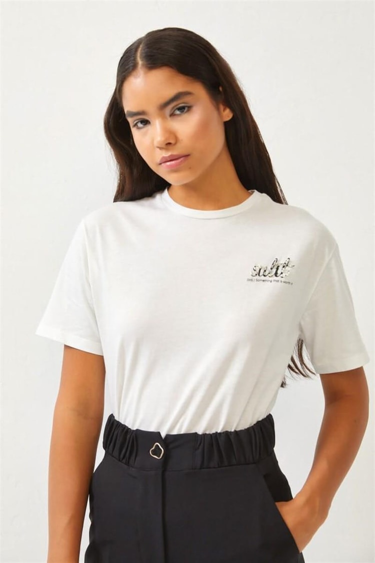 Ekru Baskılı Bisiklet Yaka T-ShirtST060S71252001