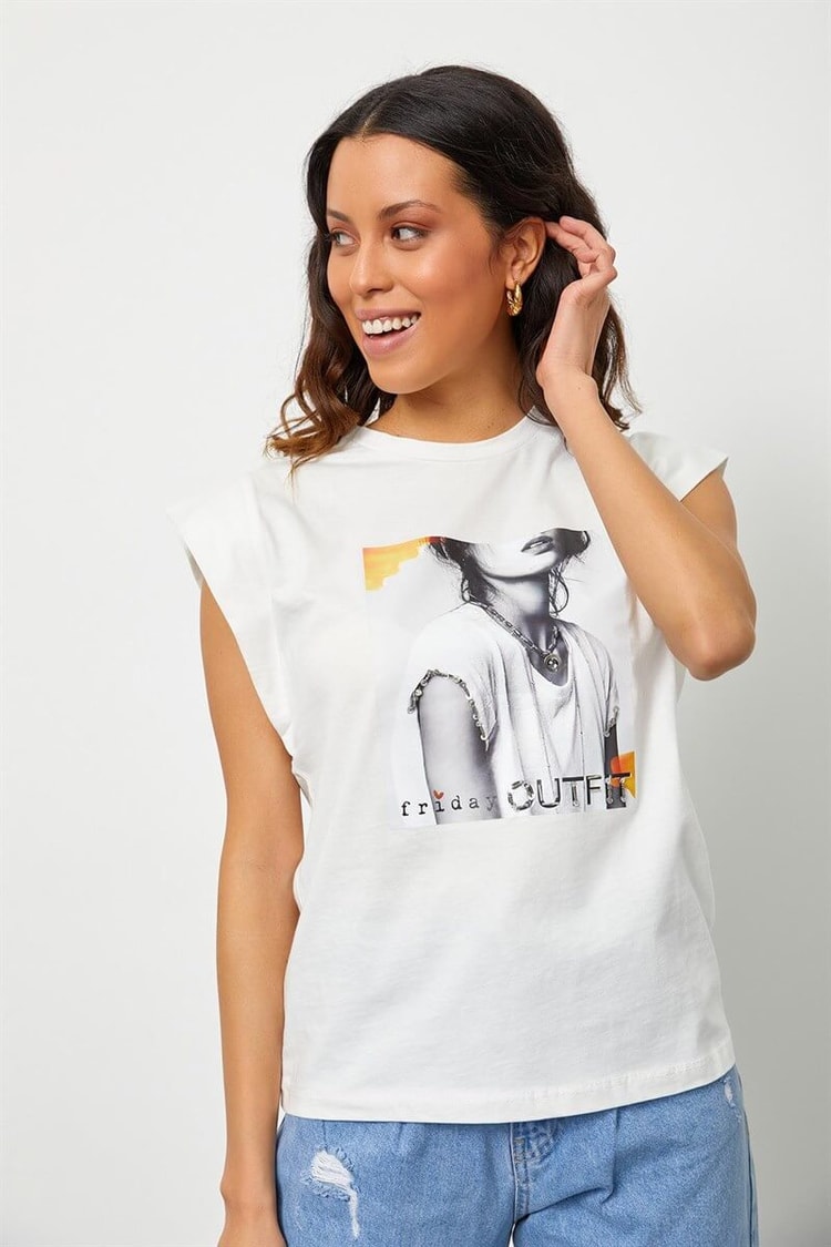 Ekru Baskılı Bisiklet Yaka T-ShirtST060S71160005