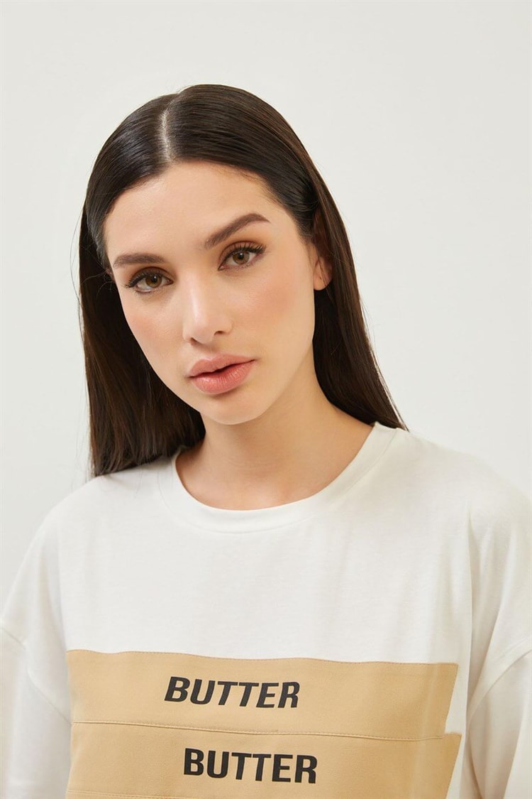 Ekru Baskılı Bisiklet Yaka T-ShirtST060S71256001