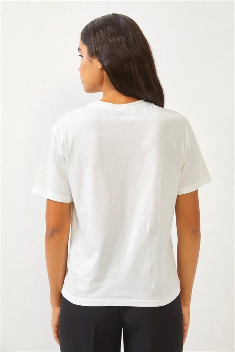 Ekru Baskılı Bisiklet Yaka T-ShirtST060S71252001