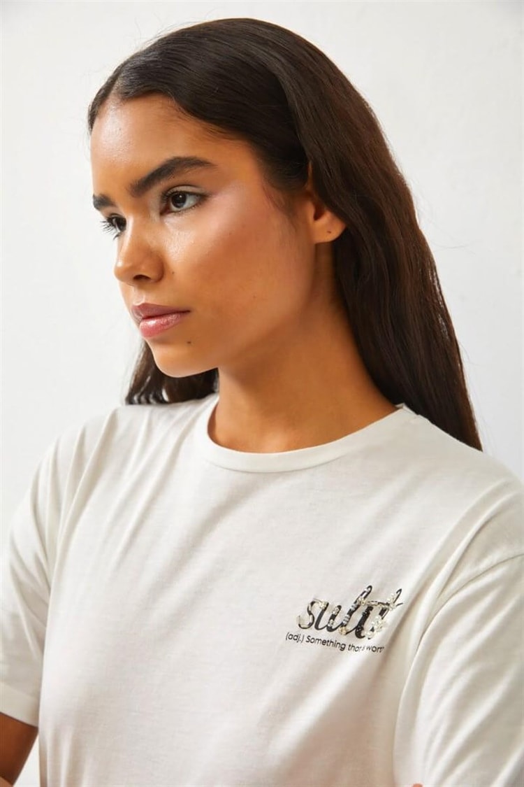 Ekru Baskılı Bisiklet Yaka T-ShirtST060S71252001