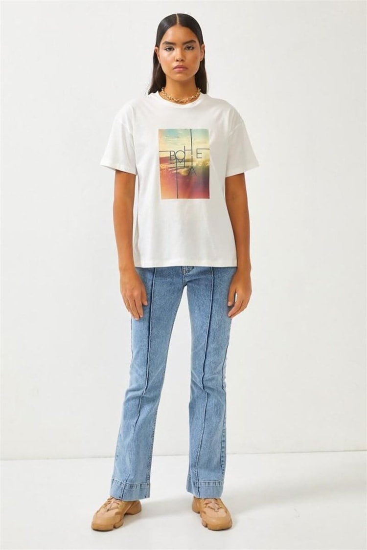 Ekru Baskılı Bisiklet Yaka T-ShirtST060S71271001