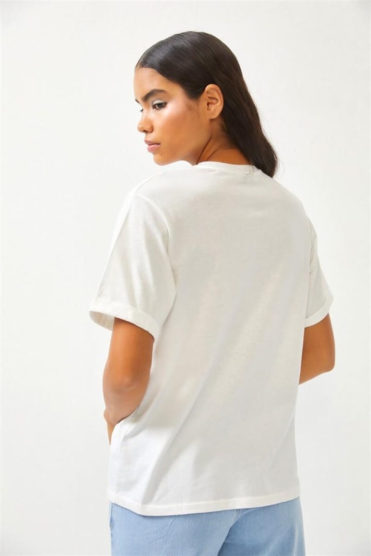 Ekru Baskılı Bisiklet Yaka T-ShirtST060S71276002