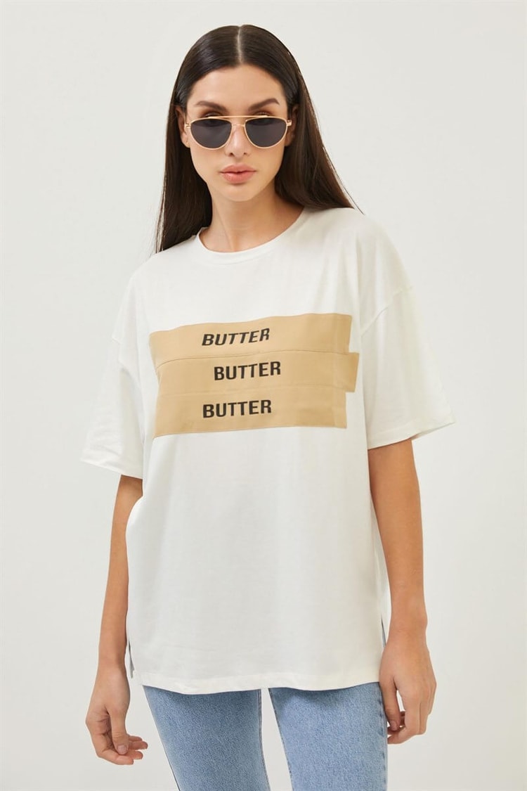 Ekru Baskılı Bisiklet Yaka T-ShirtST060S71256001