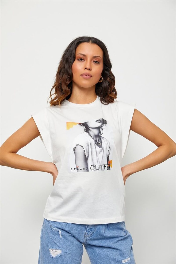 Ekru Baskılı Bisiklet Yaka T-ShirtST060S71160005