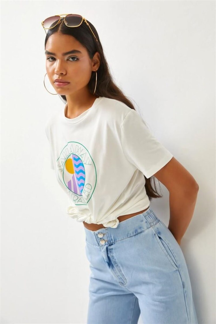 Ekru Baskılı Crop T-ShirtST060S71255001
