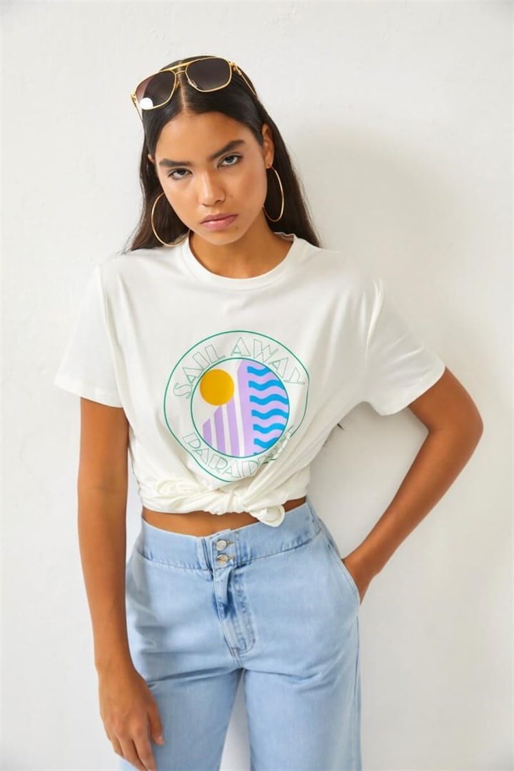 Ekru Baskılı Crop T-ShirtST060S71255001