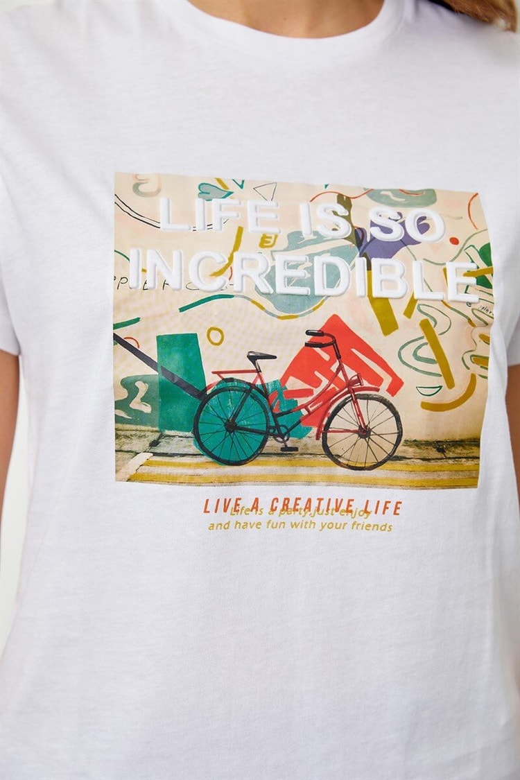 Ekru Baskılı Kısa Kol T-ShirtST060S71190009