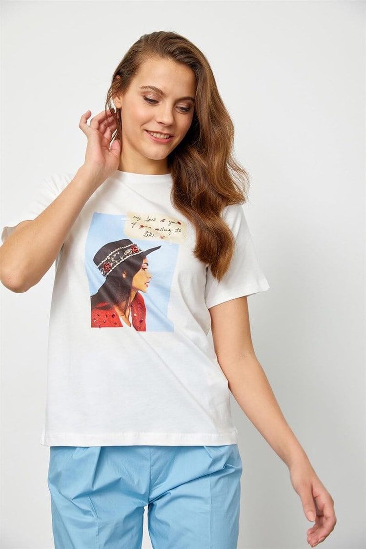 Ekru Baskılı Kısa Kol T-ShirtST060S71183007