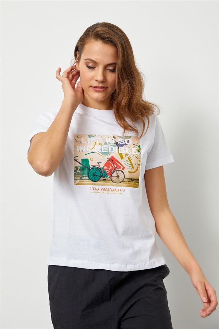Ekru Baskılı Kısa Kol T-ShirtST060S71190009