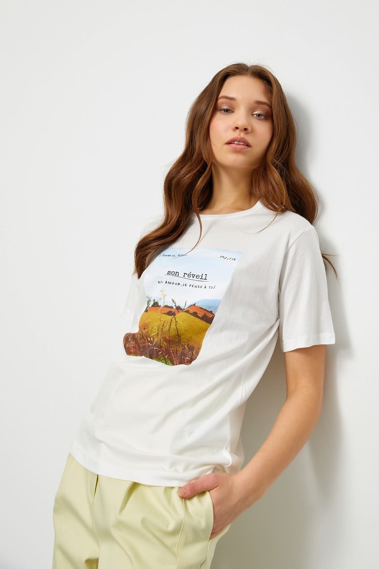 Ekru Baskılı Kısa Kol T-ShirtST060S71190011