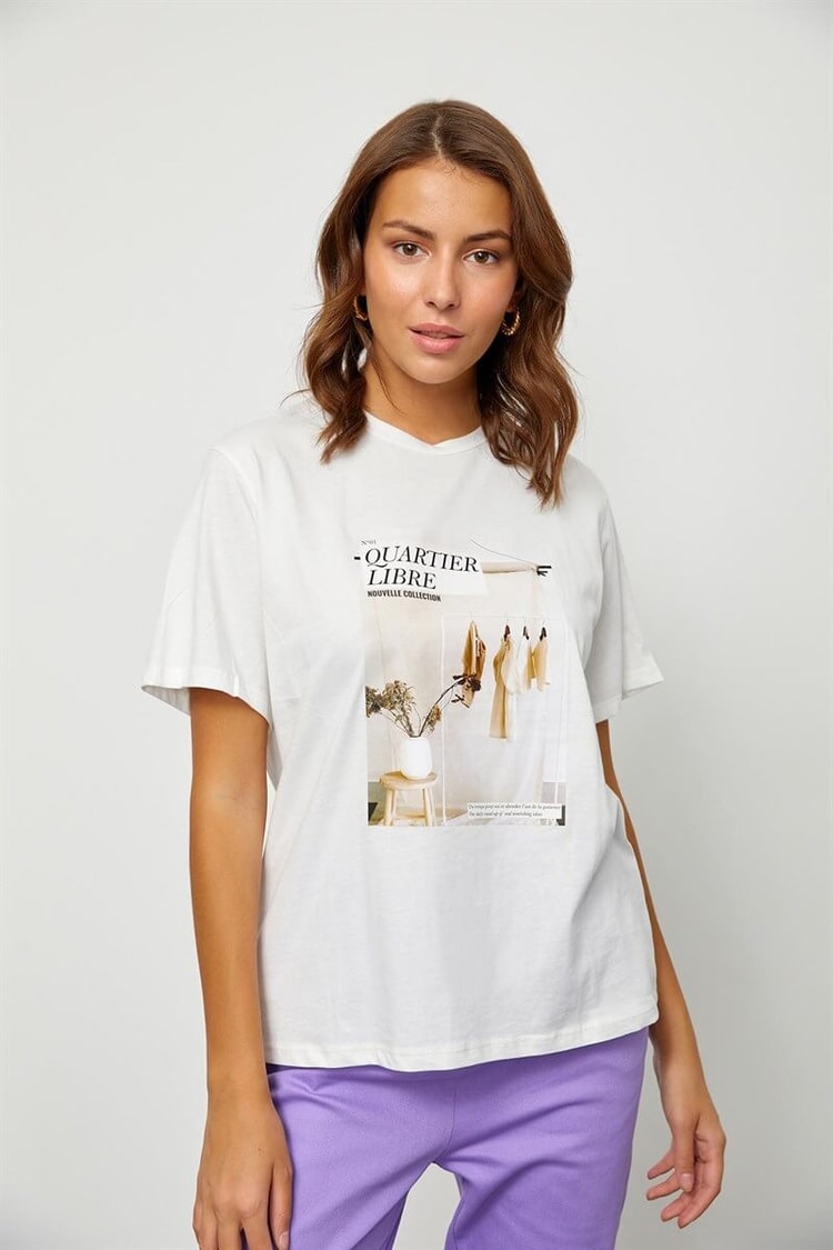 Ekru Baskılı Kısa Kol T-ShirtST060S71190001
