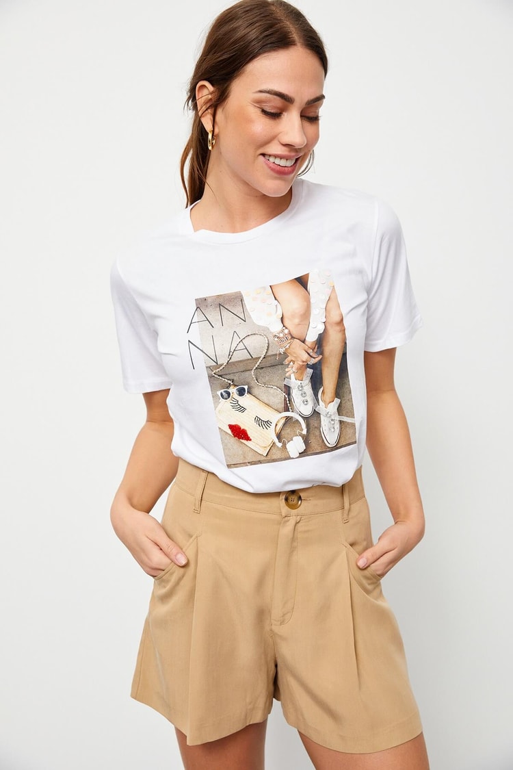Ekru Baskılı Kısa Kol T-ShirtST060S71160009