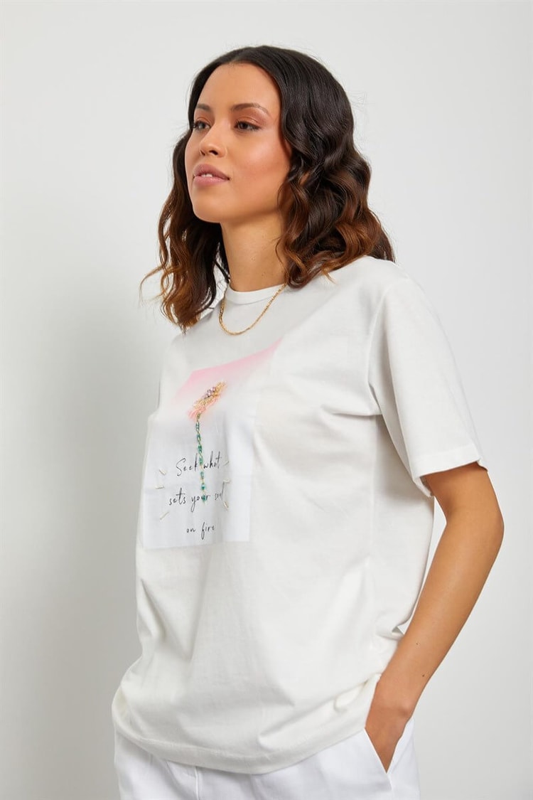 Ekru Baskılı Kısa Kol T-ShirtST060S71190007